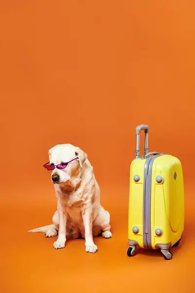 A dog sits calmly next to a vibrant yellow suitcase in a studio setting. — Stock Photo
