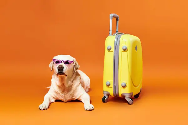 Крутая собака в спортивных солнцезащитных очках, стоящая рядом с ярко-желтым чемоданом в студии. — стоковое фото