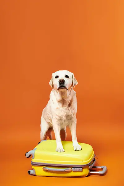 Verspielter weißer Hund steht selbstbewusst auf einem knallgelben Koffer im Studio. — Stockfoto