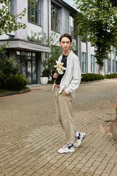 Um jovem elegante em uma jaqueta bronzeada e tênis confiantemente caminha em uma passarela de tijolo, exalando orgulho e individualidade. — Fotografia de Stock