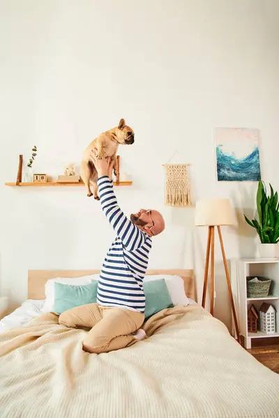 Entspannter Mann mit Brille hebt französische Bulldogge liebevoll in die Luft auf kuscheliges Bett. — Stockfoto