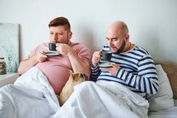 A couple of men and their French Bulldog sitting together on a bed, enjoying a peaceful moment. — Stock Photo