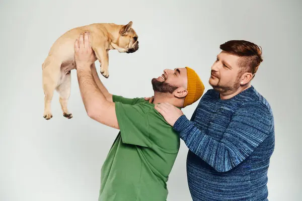 Two men delicately holds a French Bulldog up close to his face in a tender moment. — Stock Photo