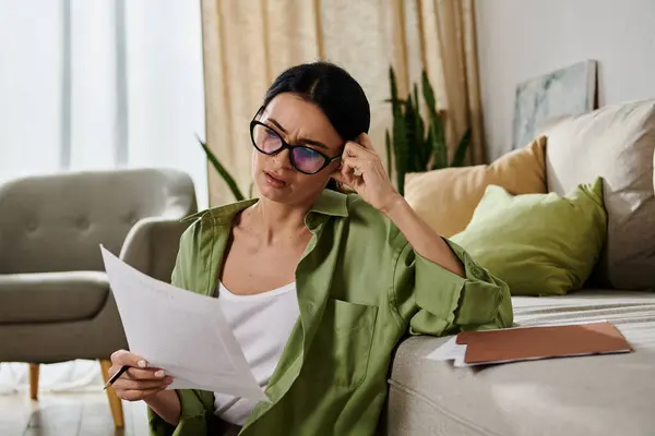 A woman engrossed in reading papers while seated on a couch. — Stock Photo