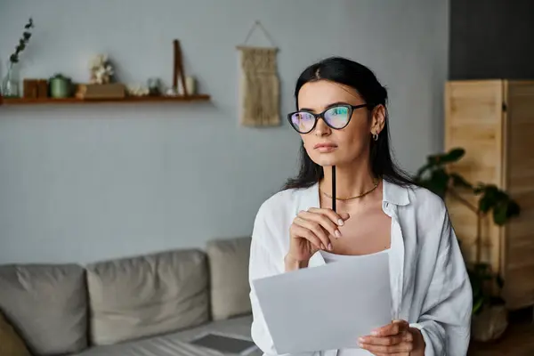 Frau mit Brille hält Papier in der Hand — Stockfoto