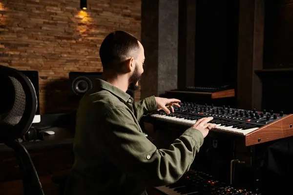Un hombre creando música en un teclado electrónico, inmerso en un estudio de grabación con una banda de música ensayando. - foto de stock
