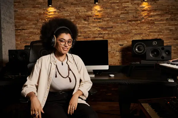 Una donna con i capelli afro si siede in uno studio di registrazione durante una sessione di prove della banda musicale, persa nel processo di creazione della musica. — Foto stock