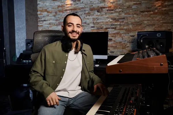 Ein Mann sitzt vor einem Keyboard in einem Tonstudio, vertieft in die Erstellung von Musik für eine Bandprobe. — Stockfoto