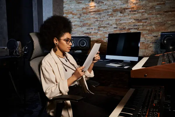 Женщина, погруженная в музыку, изучающая лист бумаги в студии звукозаписи во время репетиции группы. — стоковое фото