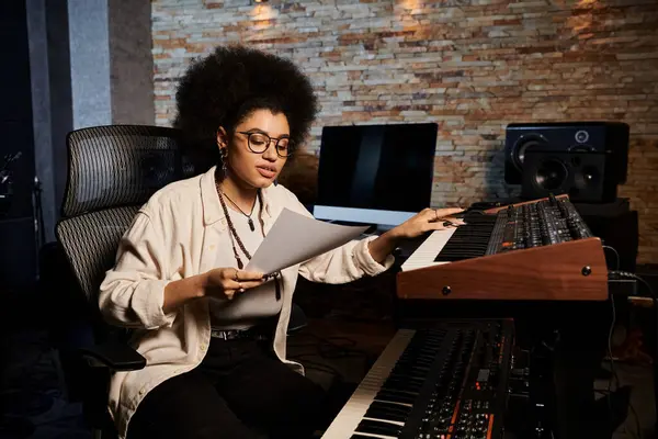 Eine talentierte Frau sitzt an einem Keyboard in einem Tonstudio und komponiert Musik für eine Bandprobe. — Stockfoto