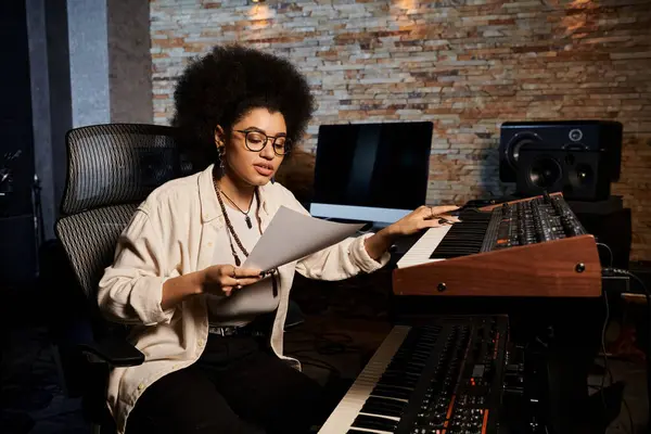 A talented woman sits at a keyboard in a recording studio, composing music for a band rehearsal. — Stock Photo