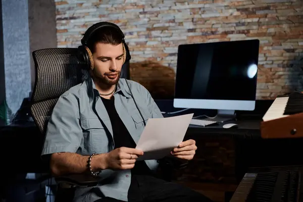 Человек, погруженный в чтение листа бумаги, сидя в кресле во время репетиции музыкальной группы в студии звукозаписи. — стоковое фото