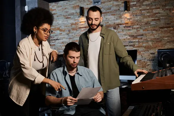 Tre persone in uno studio di registrazione che esaminano uno spartito musicale. — Foto stock