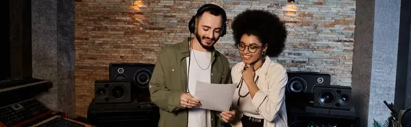 Un homme et une femme, musiciens d'un groupe, se tiennent devant un studio d'enregistrement prêt à répéter leurs chansons. — Photo de stock
