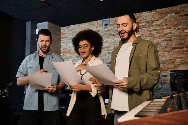 Eine Gruppe von Musikern singt leidenschaftlich zusammen in einem Tonstudio und zeigt ihr musikalisches Talent und ihre Teamarbeit. — Stockfoto