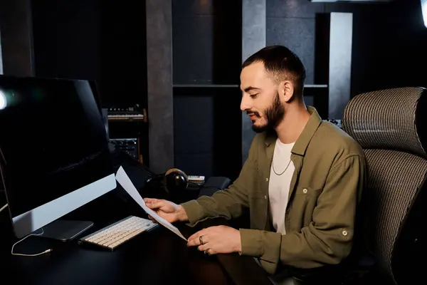 Un homme assis à un bureau devant un ordinateur, profondément réfléchi, compose de la musique pour une répétition de groupes dans un studio d'enregistrement. — Photo de stock
