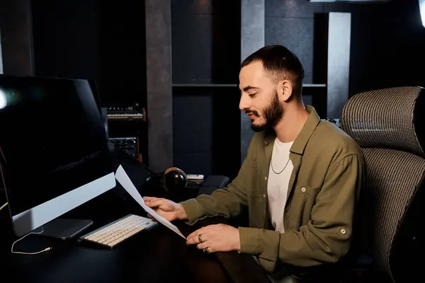 Um homem se senta em uma mesa na frente de um computador, no fundo do pensamento, compondo música para uma banda ensaiando em um estúdio de gravação. — Fotografia de Stock