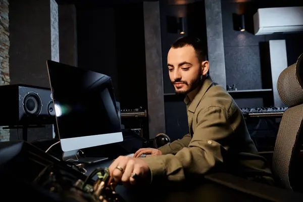 Un homme assis dans un studio d'enregistrement, absorbé par son ordinateur, composant de la musique. — Photo de stock