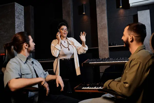Trois personnes, un groupe de musique, communiquent dans un studio d'enregistrement lors d'une séance de répétition. — Photo de stock