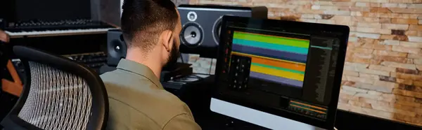 A man, part of a music band, sits at a computer in a recording studio, overseeing the rehearsal process. — Stock Photo