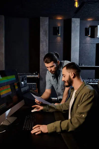 Two men in a recording studio intensely focus on their computer screen during a music band rehearsal session. — Stock Photo