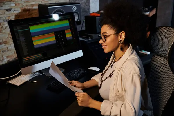Жінка в студії звукозапису сидить перед комп'ютером, зосереджуючись на змішуванні музики для репетиції гурту. — стокове фото