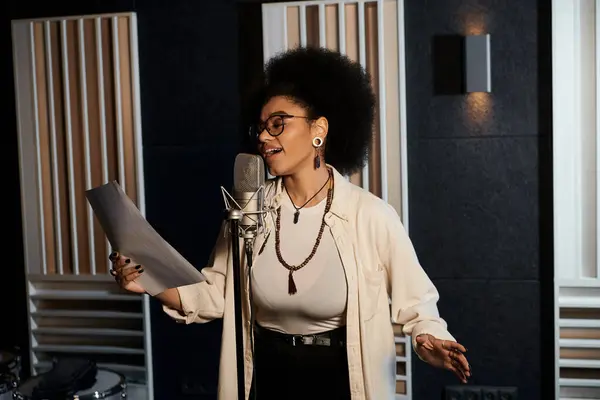 Une femme chante passionnément dans un micro d'un studio d'enregistrement lors d'une répétition d'un groupe de musique. — Photo de stock