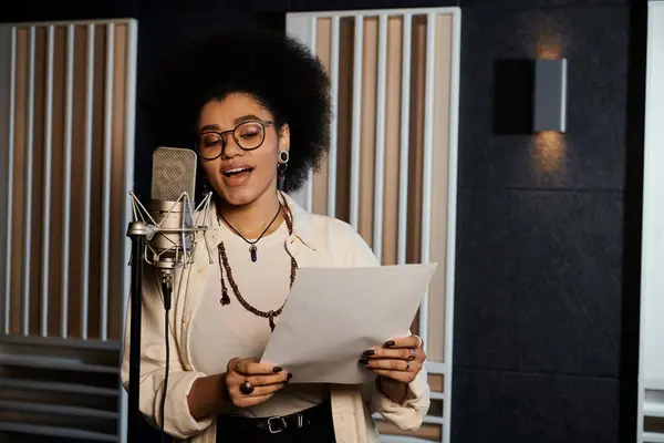 Eine Frau singt bei einer Musikband-Probe in einem Tonstudio leidenschaftlich ins Mikrofon. — Stockfoto