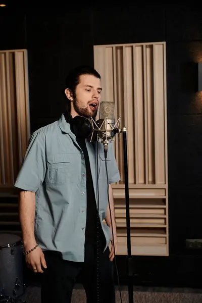 Uomo di talento canta appassionatamente nel microfono in studio di registrazione professionale durante le prove della banda. — Foto stock