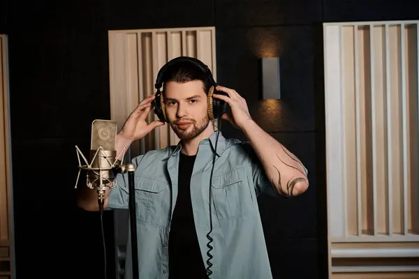 Un uomo ascolta attraverso le cuffie in uno studio di registrazione durante le prove di una band musicale. — Foto stock