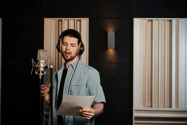 Un uomo canta appassionatamente in uno studio di registrazione durante una sessione di prove di una band musicale. — Foto stock