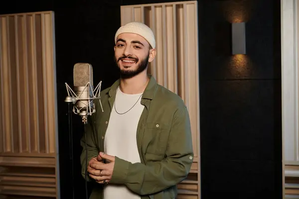 Ein Mann präsentiert sich freudig in einem Tonstudio und spricht inmitten einer Musikband-Probe zum Mikrofon. — Stockfoto