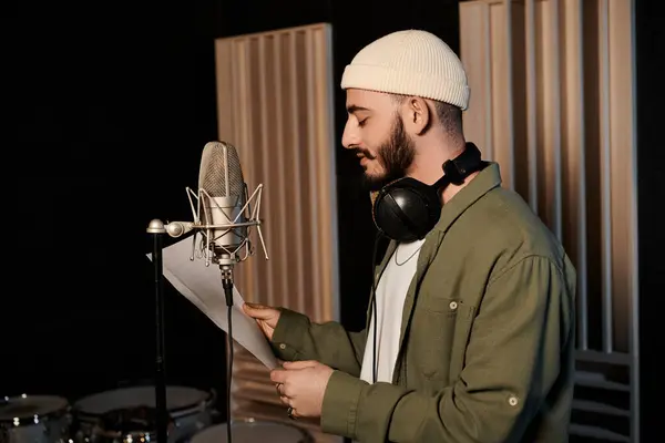Ein Mann in einem Aufnahmestudio hält ein Blatt Papier in der Hand und bereitet sich darauf vor, seinen Text zur Probe der Musikbands hinzuzufügen.. — Stockfoto