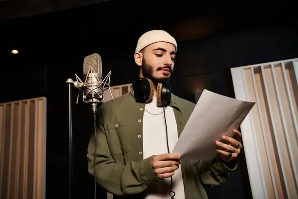 Um homem focado em fones de ouvido lê uma folha de papel, afinando sua performance em um estúdio de gravação durante um ensaio da banda. — Fotografia de Stock