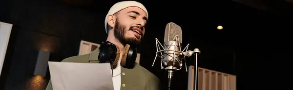 Ein bärtiger Mann befiehlt das Mikrofon während einer Musikband-Probe in einem Tonstudio. — Stockfoto