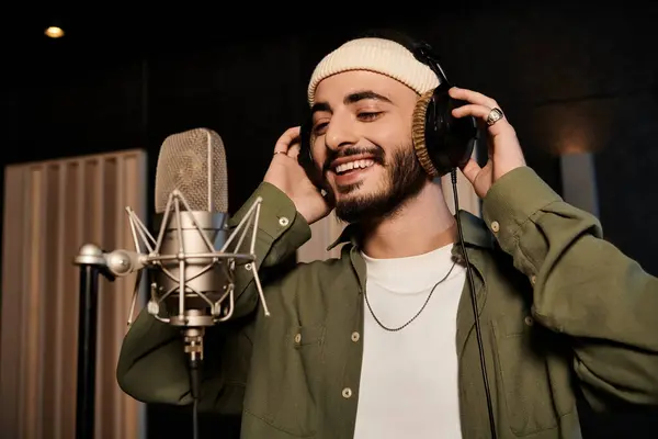 Ein in seine Musik vertiefter Mann, der während einer Bandprobe Kopfhörer in einem Tonstudio trägt. — Stockfoto