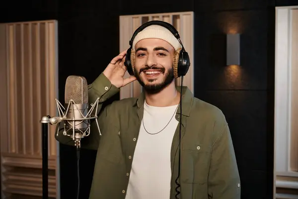 Ein fröhlicher Mann steht in einem Tonstudio und lächelt, während er sich darauf vorbereitet, ins Mikrofon zu singen oder zu sprechen. — Stockfoto