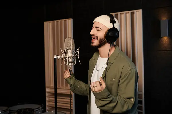 A man passionately sings into a microphone in a recording studio during a music band rehearsal. — Stock Photo