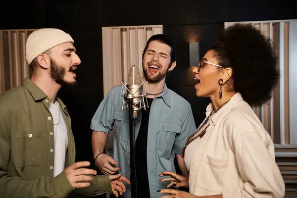 Tres individuos cantando apasionadamente en un estudio de grabación mientras ensayan para su banda de música. - foto de stock