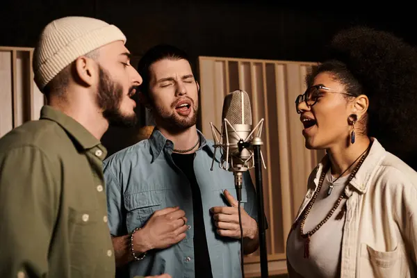 Три человека страстно поют в микрофон во время репетиций в студии звукозаписи. — стоковое фото