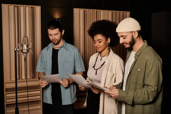 A music band rehearses in a recording studio, standing together as they prepare for their upcoming project. — Stock Photo