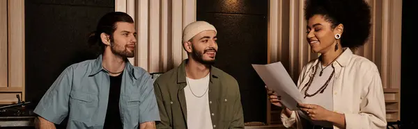 Un groupe de musique discutant et planifiant leur répétition dans un studio d'enregistrement, échangeant pensées et idées. — Photo de stock