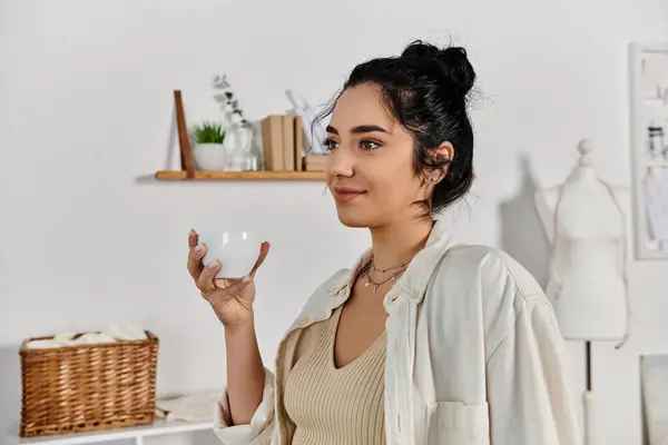 Una joven con atuendo casual sosteniendo una taza. - foto de stock
