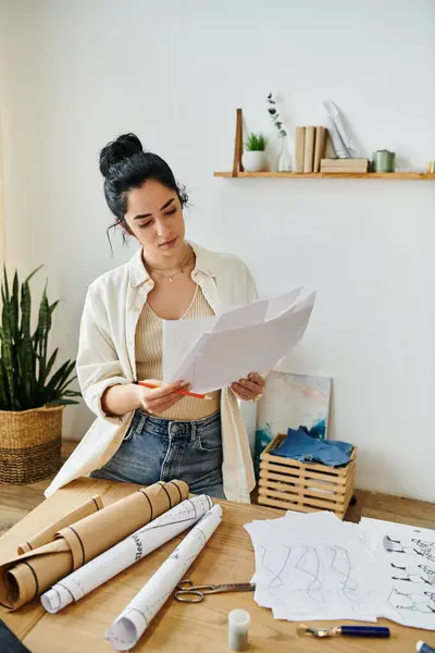 Woman in casual attire upcycling clothes at a table, holding paper. — Stock Photo