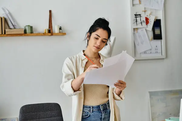Young woman in office holding paper for upcycling project. — Stock Photo