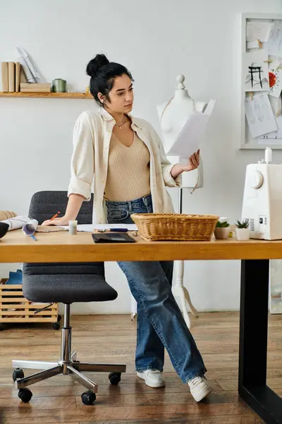 Mujer joven con atuendo casual en la mesa de madera sosteniendo papel para el proyecto upcycling. - foto de stock