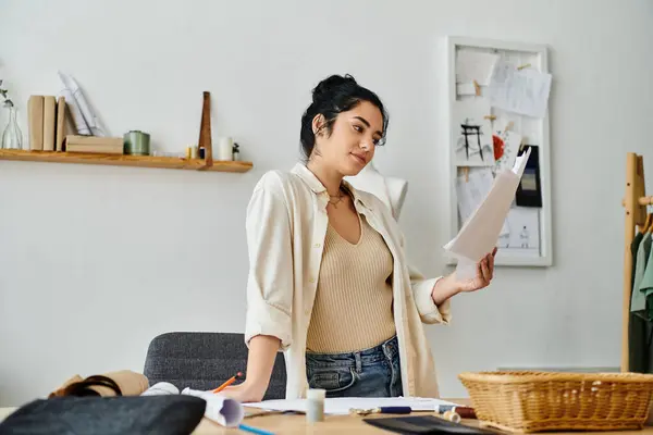 Young woman in casual attire holding a paper for upcycling project. — Stock Photo