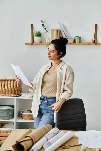 Mujer joven con atuendo casual mirando el papel para el proyecto upcycling. - foto de stock