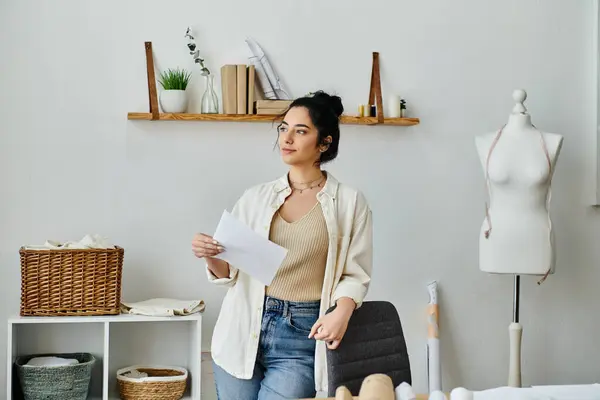 Woman holding up paper for upcycling project. — Stock Photo