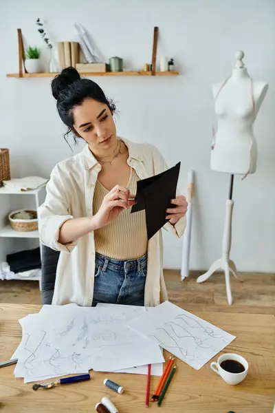 Donna upcycles vestiti in uno spazio di lavoro creativo. — Foto stock
